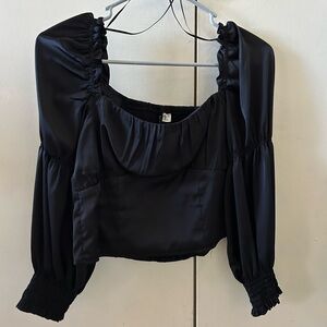 H&M Black Satin Puff-Sleeve Crop Top